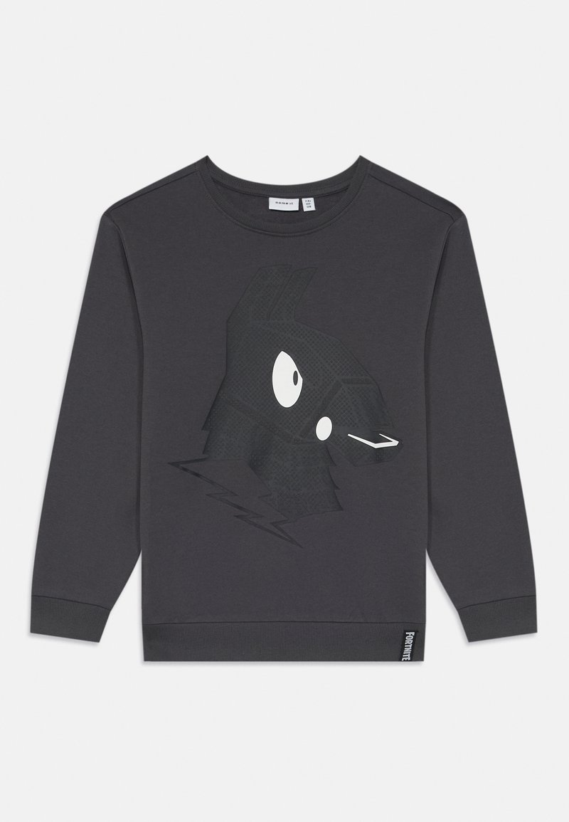 Sweatshirt cinza escuro com um gráfico de esquilo em preto e branco. Apresenta um decote redondo e punhos canelados. Textura suave.