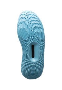 Sole di scarpa blu chiaro con motivi texture a zigzag e circolari. Presenta un logo nero vicino al centro, creando un design distintivo.