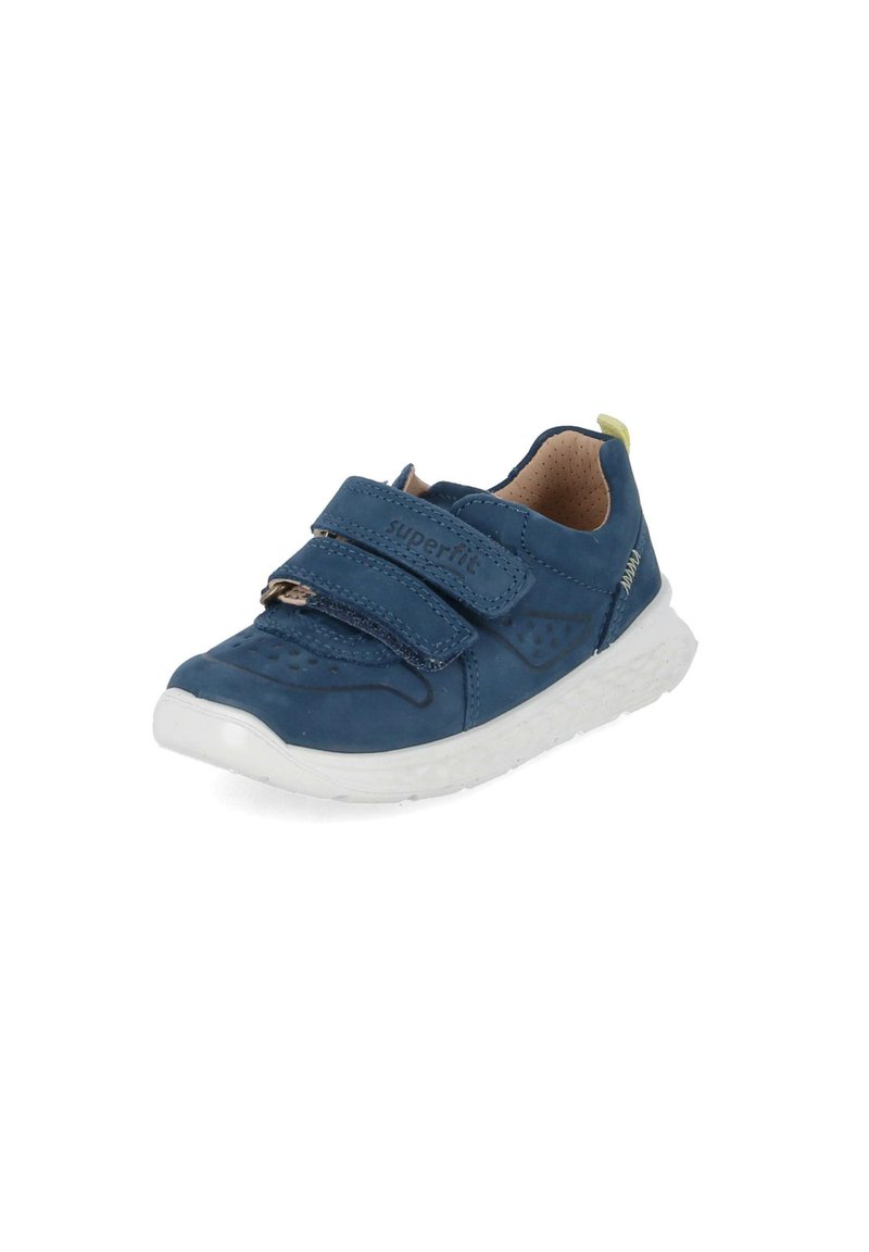 Blaue Leder-Sneaker mit weißer Sohle, ausgestattet mit zwei Klettverschlüssen, durchbrochenen Details und einem kleinen gelben Akzent an der Ferse.