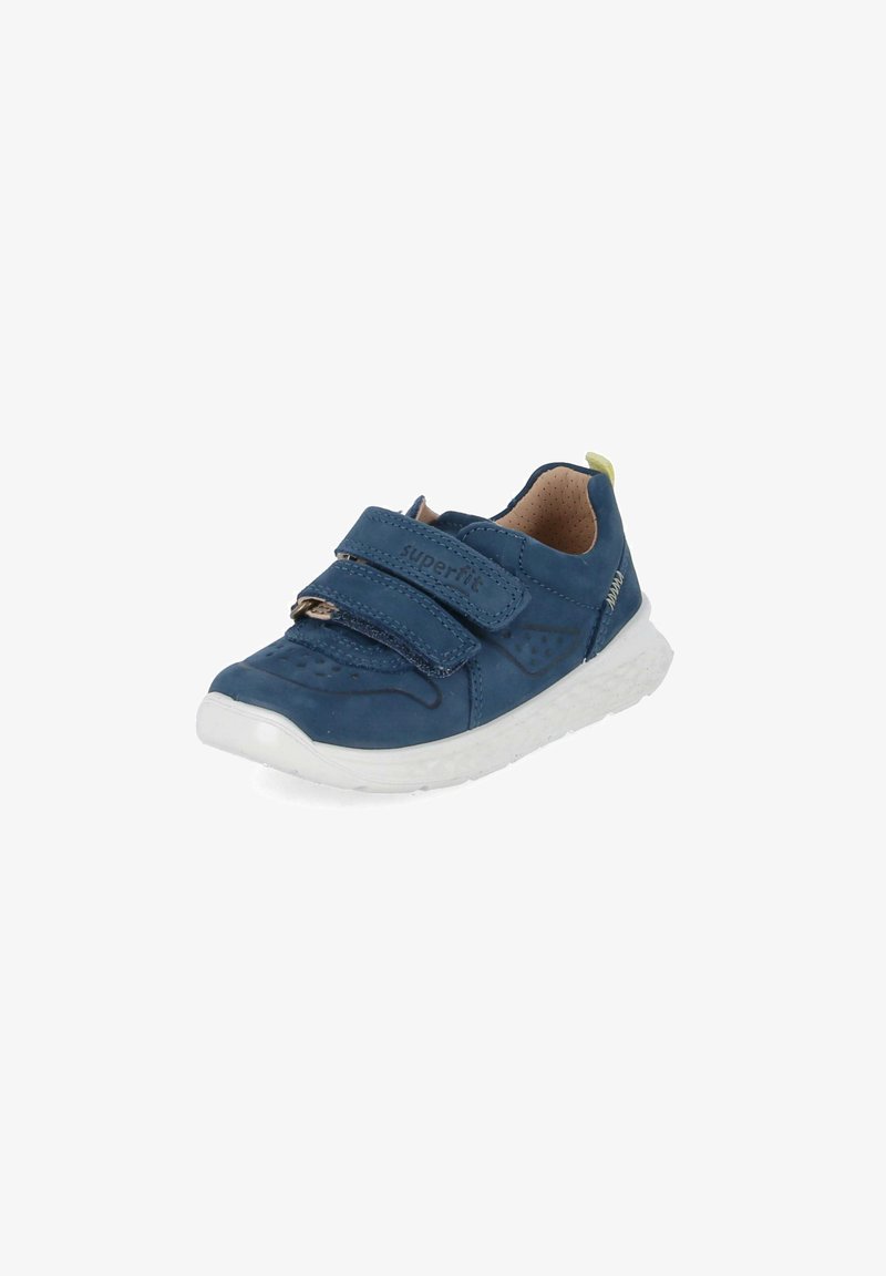 Blue leather sneaker with white sole, featuring two Velcro straps, perforated detailing, and a small yellow accent at the heel.