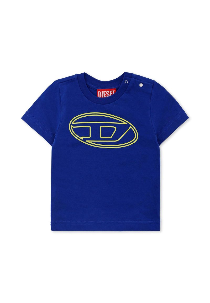 T-shirt di cotone blu con scollo rotondo e chiusure sulle spalle. Presenta un grande logo ovale giallo sul davanti. Maniche corte e colore uniforme.