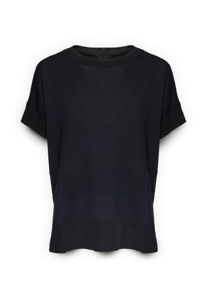 Schwarzer Kurzarm-Strickpullover mit gerippten Bündchen und Saum, ausgestattet mit einem Rundhalsausschnitt und einer lockeren Passform.