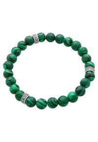 Bracciale in malachite verde con perline caratterizzate da strisce di diverse texture, impreziosito da due separatori argentati con design intricati.