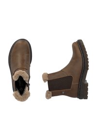 Brązowe botki za kostkę z ozdobnym futerkiem, elastycznymi panelami po bokach, teksturowaną gumową podeszwą oraz przeszyciami wzdłuż krawędzi.