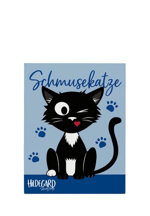 Black and white cartoon cat winking with a red heart-shaped nose, blue paw prints around, and the word "Schmusekatze" above on a light blue background.