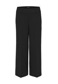 Pantalons larges noirs en tissu lisse. Possède une taille plate et une coupe droite et épurée du taille à l'ourlet. Pas de poches visibles.