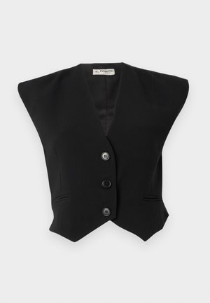 Svart vest med strukturerte skuldre, med tre knapper, brede revers og en skreddersydd passform. Laget av glatt, teksturert stoff.