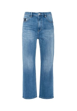 Light blue denim jeans with a straight leg design, mid-rise waist, five-pocket style, and metal hardware accents.