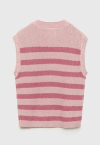 Bezruční pletená vesta ve světle růžové barvě s širokými a úzkými tmavě růžovými pruhy, které se střídají. Vesta má žebrovaný kulatý výstřih a texturovanou tkaninu.