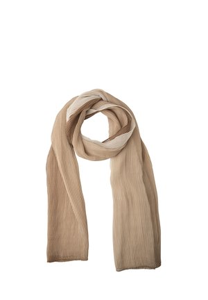 Foulard plissé beige clair et marron clair plié lâchement avec une texture visible et un tissu doux.