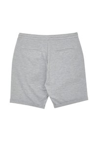 Pantaloni corti grigi in cotone con una superficie liscia, dotati di una cintura posteriore e due tasche posteriori, tagliati sopra il ginocchio.