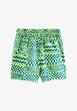 Žiarivozelené plavky s modrými geometrickými a cik-cak vzormi, elastickým pásom a zadnou kapsou so zapínaním na gombík.