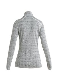 Camicia grigia a maniche lunghe con colletto alto, caratterizzata da un motivo nero su tutta la superficie. Il materiale sembra liscio e ha un design aderente.