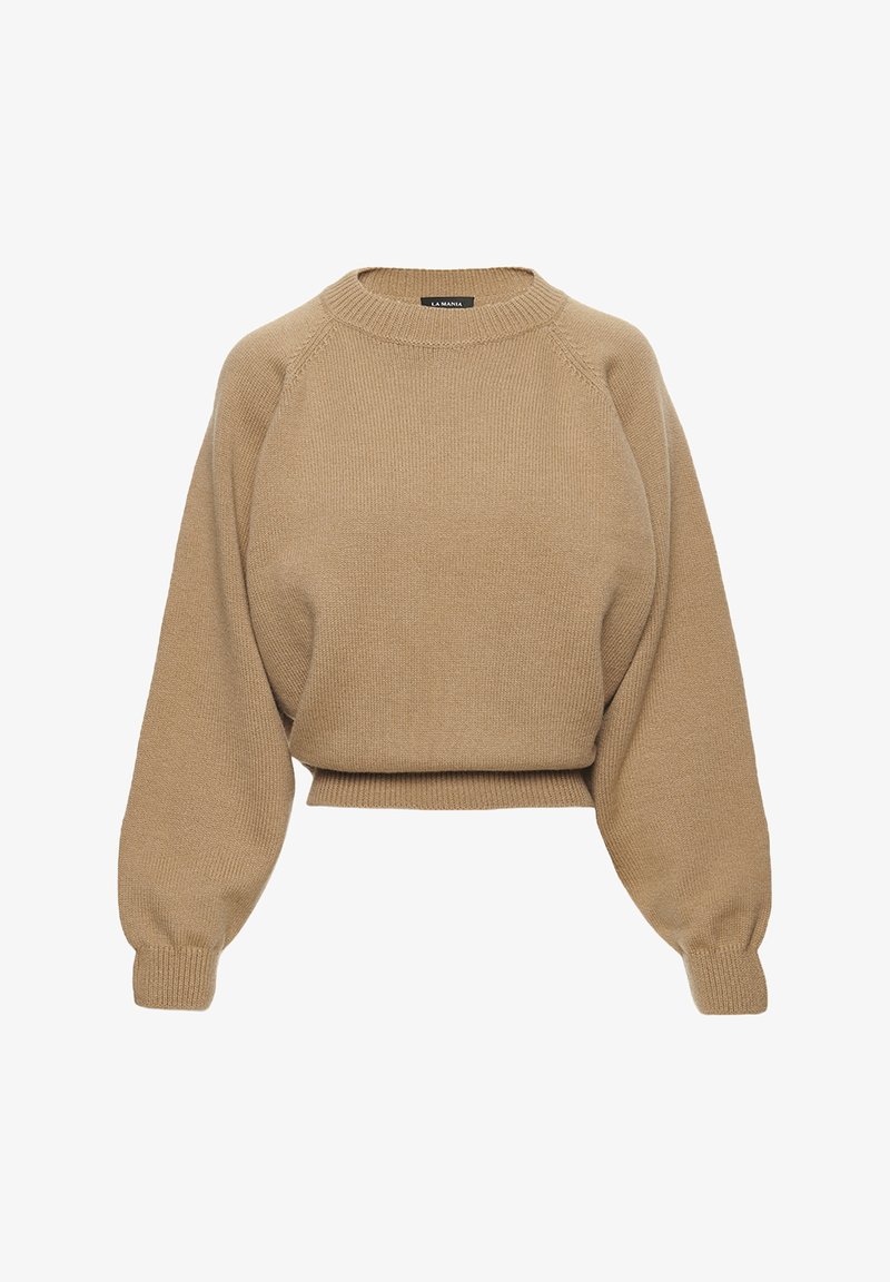 Beesvärd heegeldatud sviiter ümmarguse kaeluseta, raglanvarrukatega ja lühendatud hemiga. Tekstuuriga kangas ribidega mansettide ja hemiga.