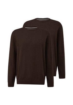 Due maglioni tinta unita marrone scuro a maniche lunghe con scollo rotondo, con polsini e orlo a costine, mostrati su sfondo bianco.
