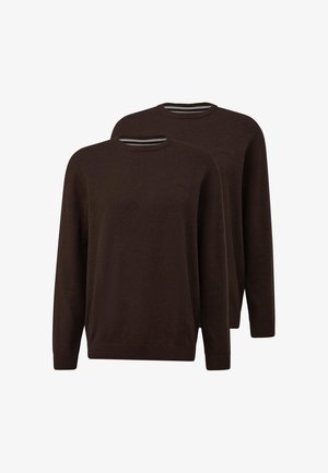 To ensfarvede, mørkebrune, langærmede crewneck-sweatere med ribstrikkede manchetter og kant, vist mod en hvid baggrund.