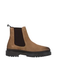 Bottine en daim marron avec panneaux latéraux élastiques, semelle en caoutchouc noire texturée et languette à l'arrière. Design à bout arrondi. Convient pour une tenue décontractée.