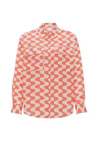 Long-sleeve button-up shirt with coral pink and off-white wavy pattern and two chest pockets.
