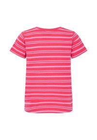 T-shirt enfant à manches courtes avec des rayures horizontales roses et rouges, vu de dos sur fond blanc.