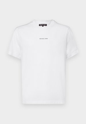 Weißes Baumwoll-T-Shirt mit kurzen Ärmeln, mit einem Rundhalsausschnitt und einem kleinen, in Schwarz auf der Brust gedruckten "MICHAEL KORS"-Logo.