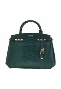 Zielona torebka o teksturowanej powierzchni i usztywnionym kształcie, z elementami w odcieniu złota, górnymi uchwytami oraz odpinaną ozdobą. Na przodzie znajduje się logo.