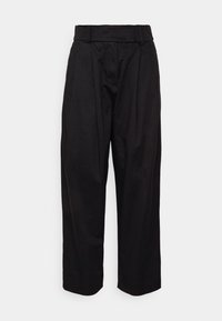 Svarta, vida byxor i ett slätt tyg. Har hög midja med veck och inga synliga fickor, vilket ger en minimalistisk design.