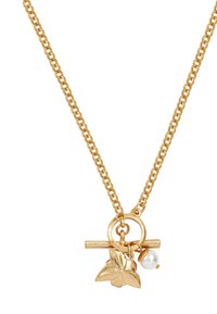 Goldene Metallkettenschnur mit einem Toggle-Verschluss, einem Blattanhänger und einer Perlenakzent. Die Kettenglieder sind abgerundet und gleichmäßig verteilt.