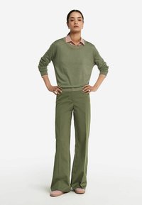 Ljusgrön tröja med rund halsringning över en rosa skjorta med krage, parat med högmidjade gröna byxor och ljusrosa skor.