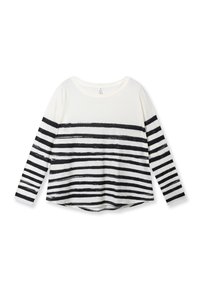 Langarm-T-Shirt in Creme mit schwarzen Horizontallinien, aus weichem Stoff gefertigt, mit weit geschnittenem Halsausschnitt und abgerundetem Saum.