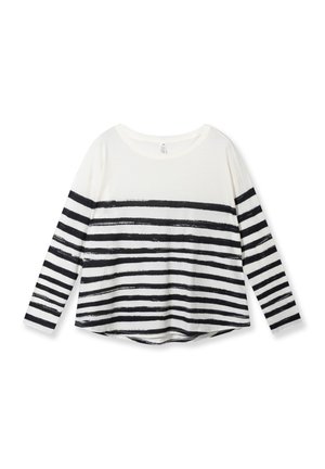 Long-sleeve t-shirt in cream with black horizontal stripes, made of soft fabric, featuring a wide neckline and a curved hem.