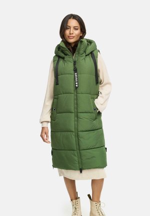 Long green puffer vest with a hood, featuring a front zipper, side pockets, black hardware accents, and a quilted texture.