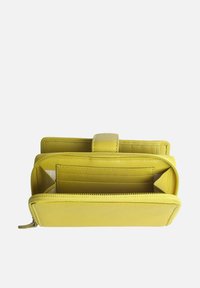 Yellow leather wallet with a zip closure, featuring multiple card slots and a separate compartment for coins, showcasing a smooth texture.