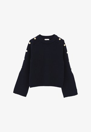 Suéter de punto azul marino con cuello redondo y mangas campana. Presenta detalles de botones dorados a lo largo de los hombros y un dobladillo corto.