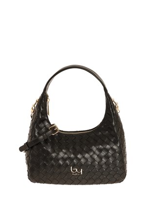 Borsa a tracolla in pelle nera intrecciata con manico corto e curvo, cerniera dorata, tracolla regolabile e piccolo logo del marchio dorato sul davanti.