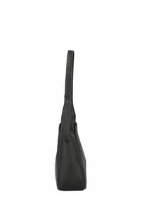 Sac à main en cuir noir avec une finition texturée, une seule bandoulière longue, et une forme effilée. Présente un logo de la marque discret sur la bandoulière.