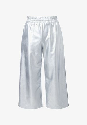 Pantaloni larghi in argento lucido con vita elasticizzata. Realizzati in un materiale liscio e riflettente, presentano una vestibilità comoda e una lunghezza cropped.