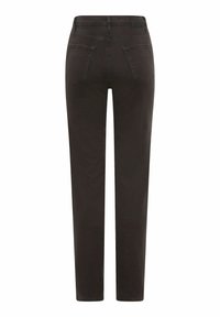 Pantalon droit marron foncé vu de dos avec deux poches arrière et des passants de ceinture à la taille.