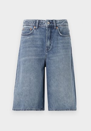 Blaue Jeansshorts mit geradem Schnitt, hohem Bund und fünf Taschen. Mit gestickten Details und einem Knopfverschluss am Bund.