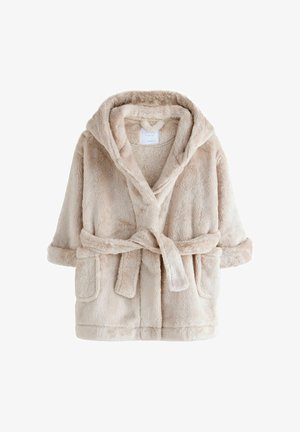 Peignoir de bain beige clair à capuche avec ceinture et deux poches avant, présenté sur un fond blanc.