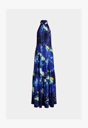 Rochie albastră fără mâneci, până la podea, cu guler halter și model abstract de stropi de vopsea verzi, albi și galbeni, cu fustă în straturi.