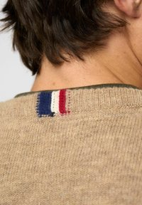 Detailný záber na krk osoby a krátke tmavé vlasy, ktorá má na sebe béžový pletený sveter s modrými, bielymi a červenými pruhmi na zadnom golieri.