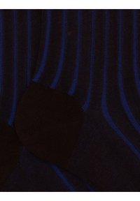 Schwarze Socken mit blauen vertikalen Streifen, ausgestattet mit einer glatten Textur und verstärkten Fersen- und Zehenbereichen, die ein klassisches Design präsentieren.