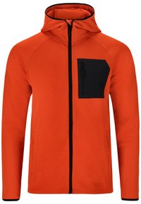 Oranje hoodie met een rits aan de voorkant, zwarte accenten en een linkerborstzak met ritssluiting. Gemaakt van zachte, flexibele stof.