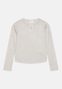  Haut à manches longues gris clair rayé avec un col rond et deux nœuds en satin rose sur la poitrine. Texture douce, design ajusté.