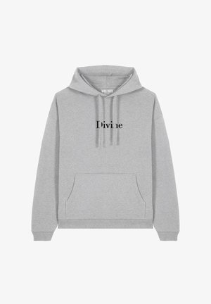 Felpa grigia in misto cotone, con tasca a marsupio, cappuccio con cordino e testo nero che recita "Divino" sul davanti.