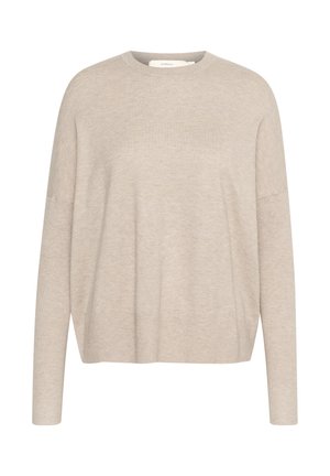 Beige oversized sweater with long sleeves, made from soft knitted fabric. Features a round neckline and a relaxed fit. No patterns or accents.