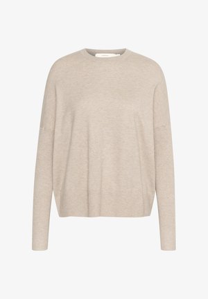 Krémový oversize sveter s dlhými rukávmi vyrobený z mäkkej pletenej tkaniny. Má okrúhly výstrih a voľný strih. Bez vzorov alebo akcentov.