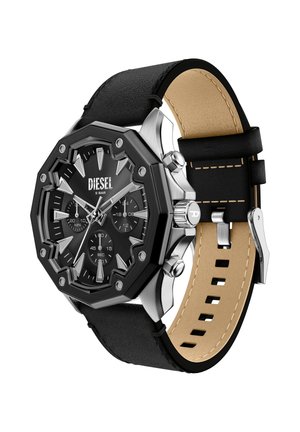 Orologio da polso Diesel nero con cassa ottagonale in acciaio inox, quadrante nero con indici rialzati e cinturino in pelle nera con dettagli color cuoio.