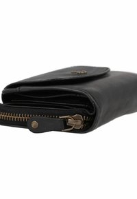 Black leather wallet with a rounded flap closure and a zipper. Features gold-tone hardware and visible stitching details.