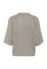 Pull en tricot beige à manches courtes avec motifs de losanges et de treillis en dentelle ouverte, et col, poignets et ourlet côtelés.